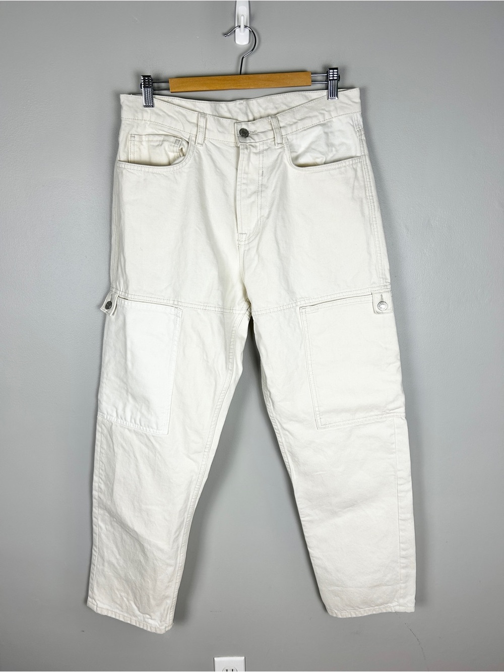 ZARA White‎ Cream Two-Tone Cargo Denim Pants Sz 32 Utility Neutral Monotone